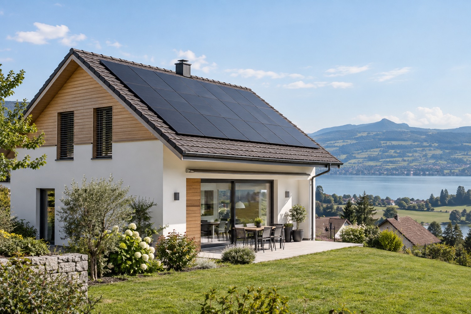 Illustration d’une maison en Suisse avec des panneaux photovoltaïques sur le toit